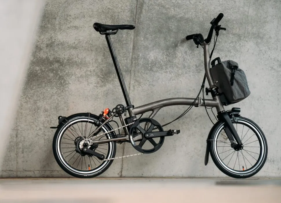brompton bicycle electric C Line with SuperRoll+ equipped with custom Brompton Electric G Line -