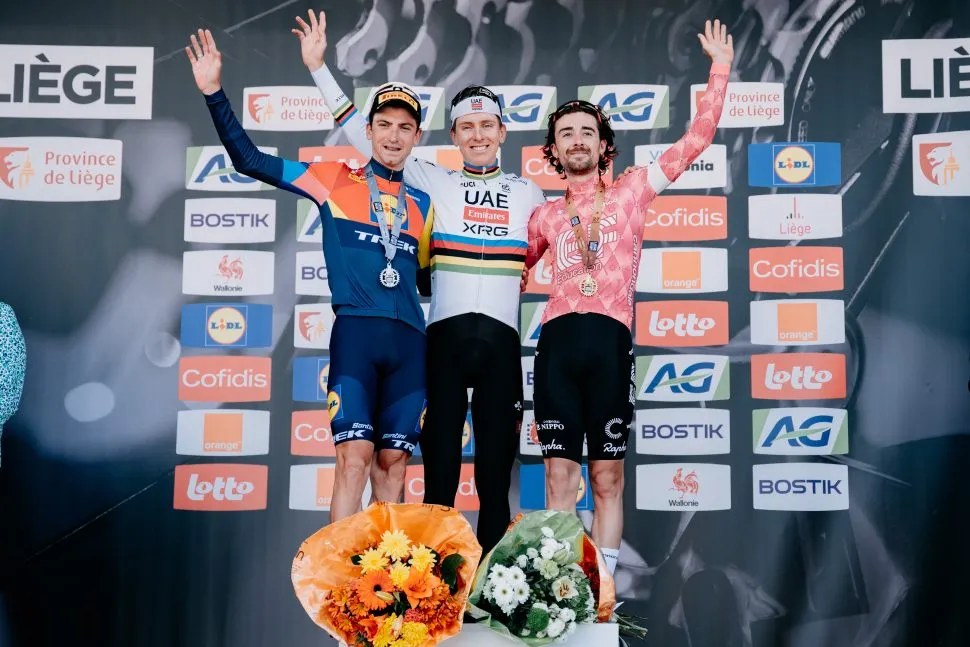 27/04/2025 - Liège - Bastogne - Liège 2025 - Liège > Liège (252 km) - Giulio CICCONE (LIDL-TREK), Tadej POGACAR (UAE TEAM EMIRATES XRG), Ben HEALY (EF EDUCATION - EASYPOST)