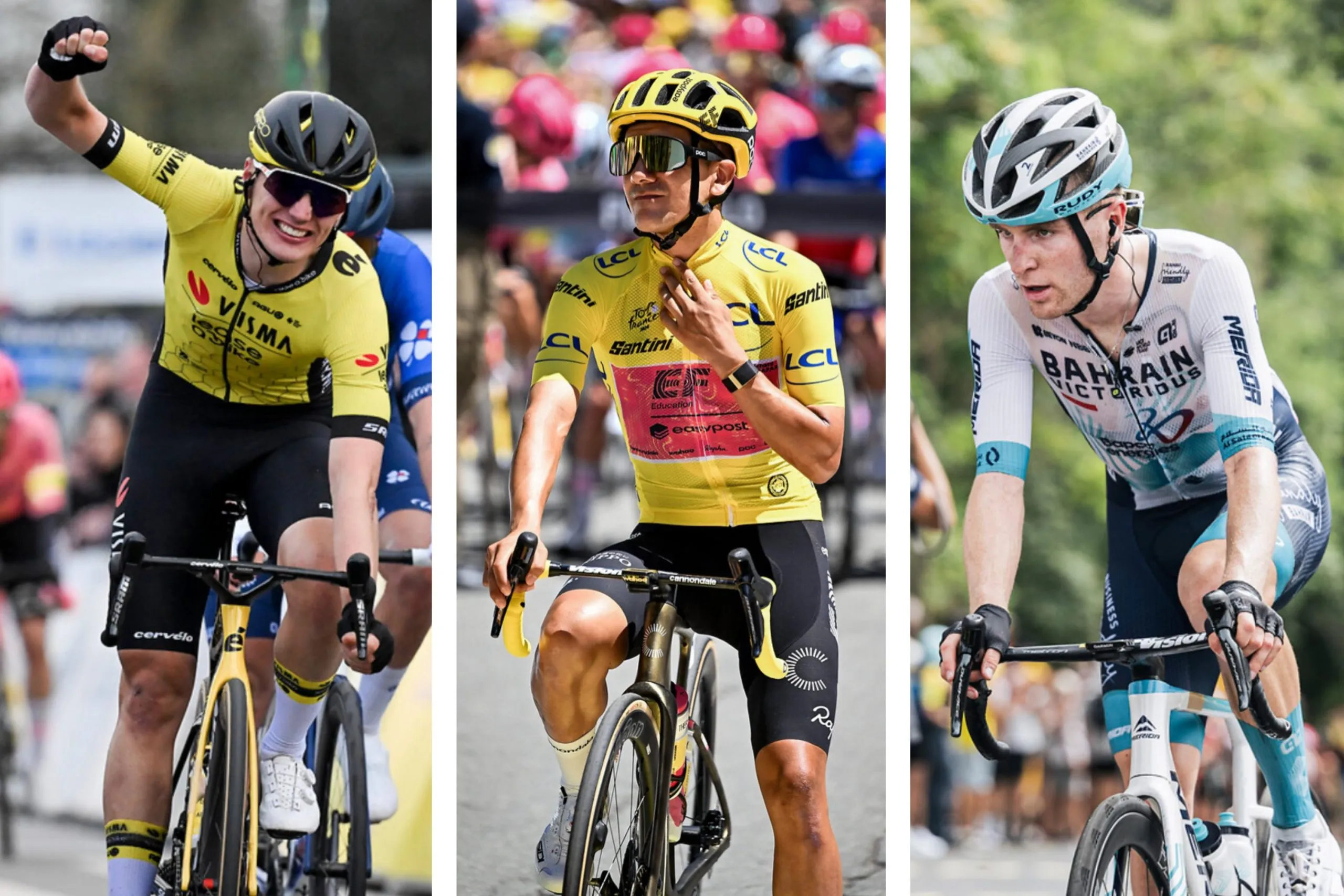 Professional cyclists wearing new WorldTour team jerseys during contract announcements.