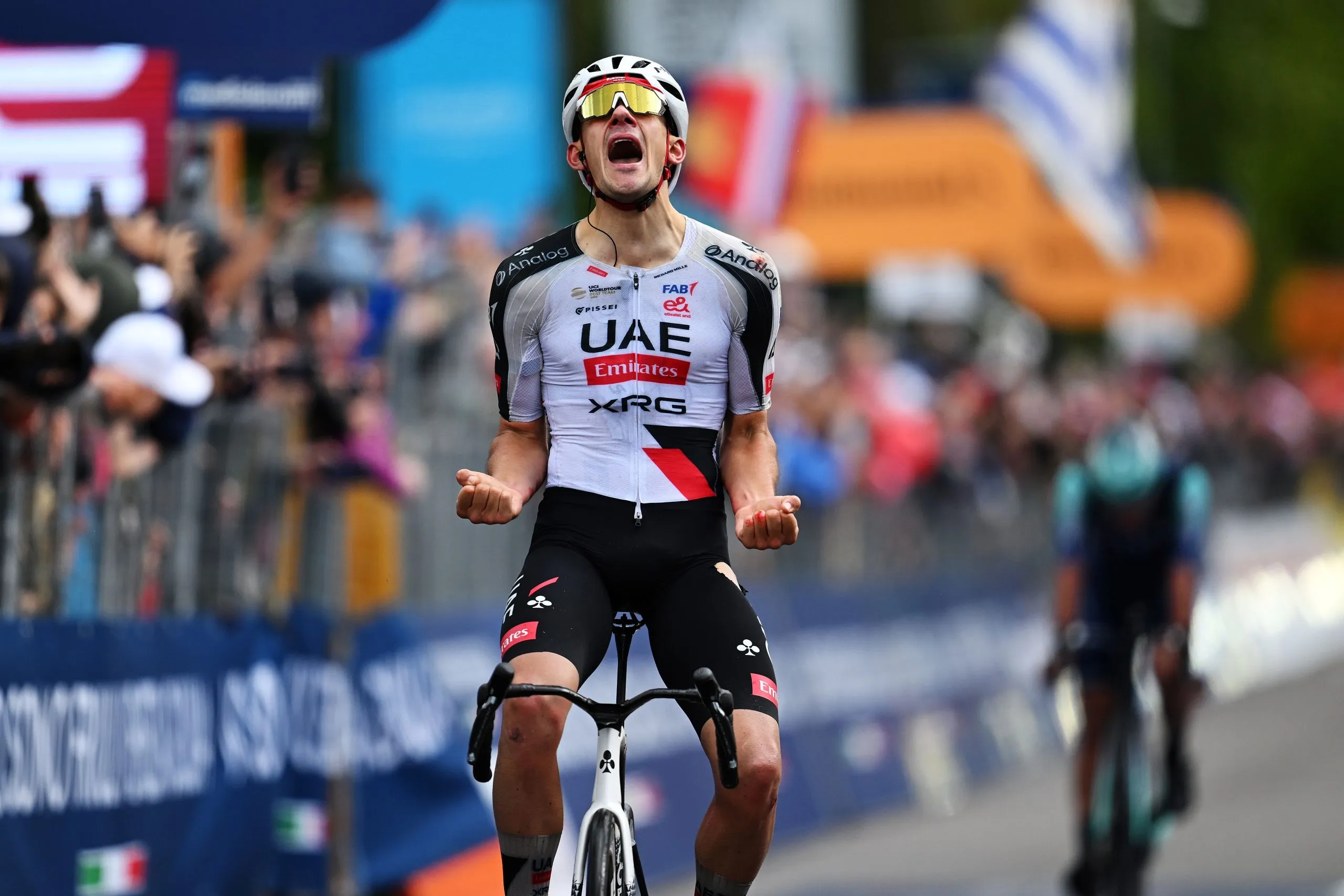 POTENZA, ITALY - MAY 13: Igor Arrieta of Spain and UAE Team Emirates - XRG celebrates at finish line as stage winner during the 109th Giro d'Italia 2026, Stage 5 a 203km stage from Praia a Mare to Potenza 705m / #UCIWT / on May 13, 2026 in Potenza, Italy. (Photo by Tim de Waele/Getty Images)
